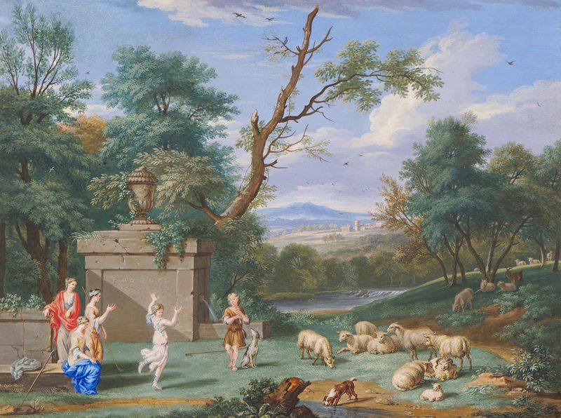 Paisaje clásico con pastores y pastoras de Bernard Lens III, óleo sobre lienzo que muestra colinas y un prado sereno.