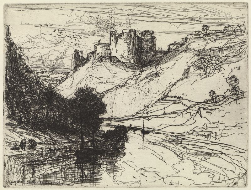 Kilgaren Castle, grabado de Francis Seymour Haden, presenta una fortaleza rodeada de exuberante vegetación.