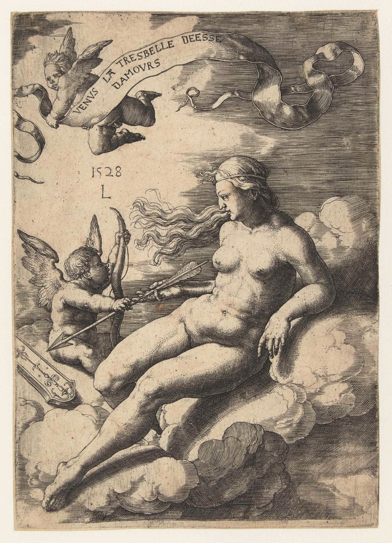 Grabado de Venus y Cupido por Lucas van Leyden, que representa el amor y la serenidad.