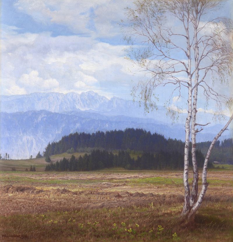 Landscape oil painting by Michael Licklederer featuring mountains and forest