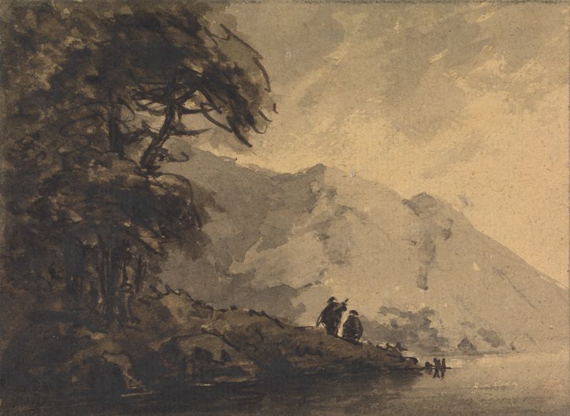 Dos figuras en la orilla con montaña detrás, pintura al óleo de William Gilpin