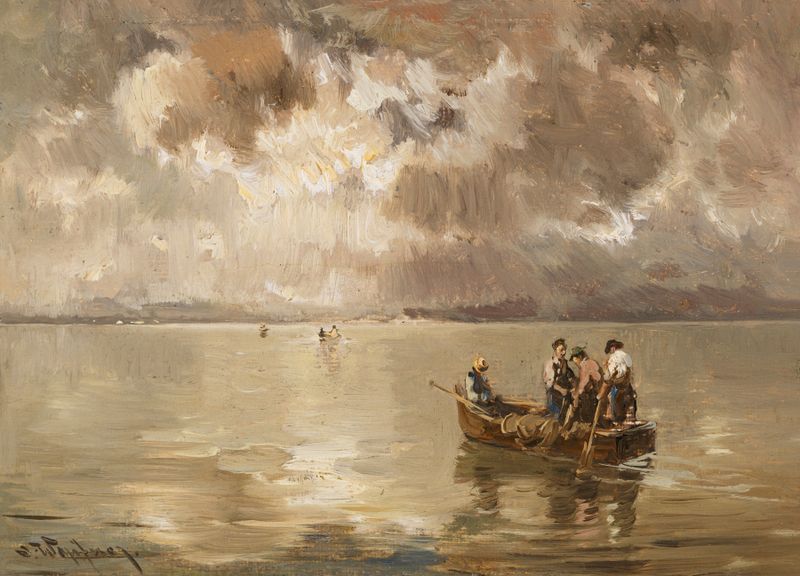 Paisagem mostrando um céu tempestuoso sobre Chiemsee por Joseph Wopfner, pintura a óleo