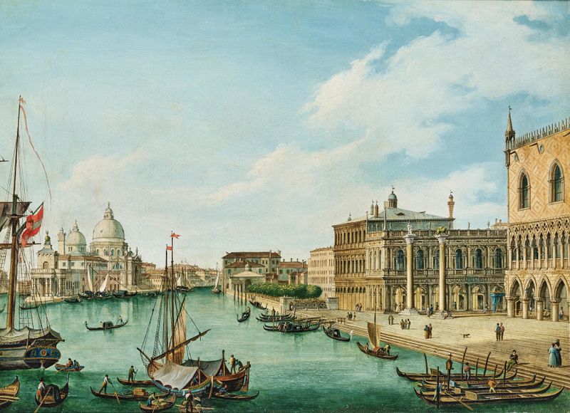 Óleo sobre lienzo de Vincenzo Chilone que representa Venecia al amanecer con el Gran Canal y el Palacio Ducal.