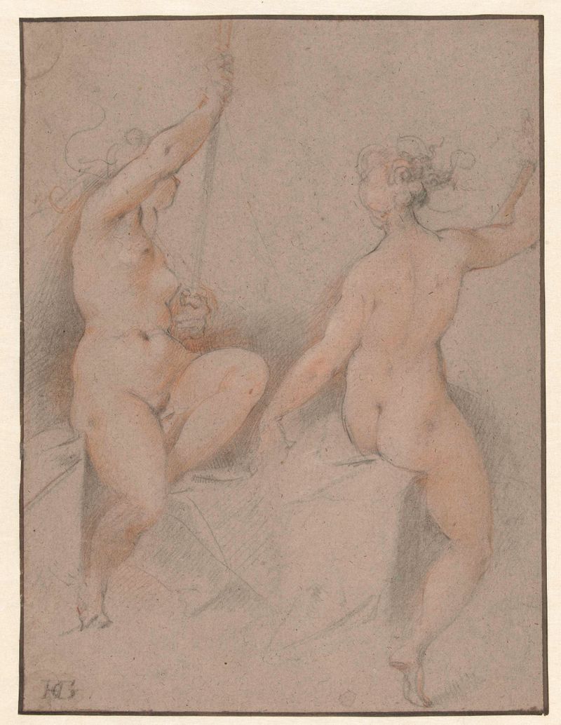 Two reclining female nudes on paper by Hendrick Goltzius