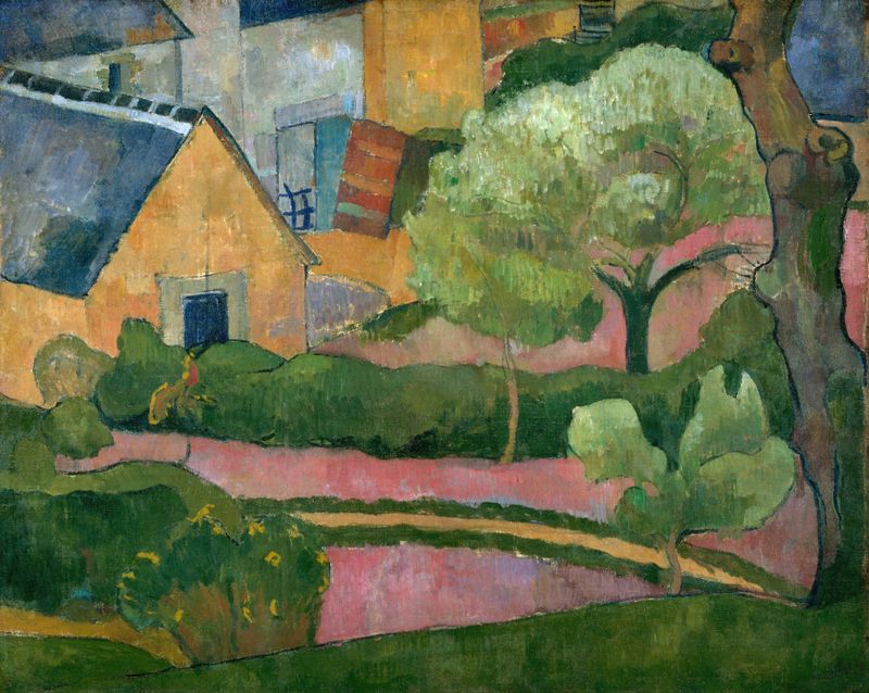 Farmyard at Le Pouldu, oil on canvas by Jan Verkade showing farmers in a vibrant landscape.