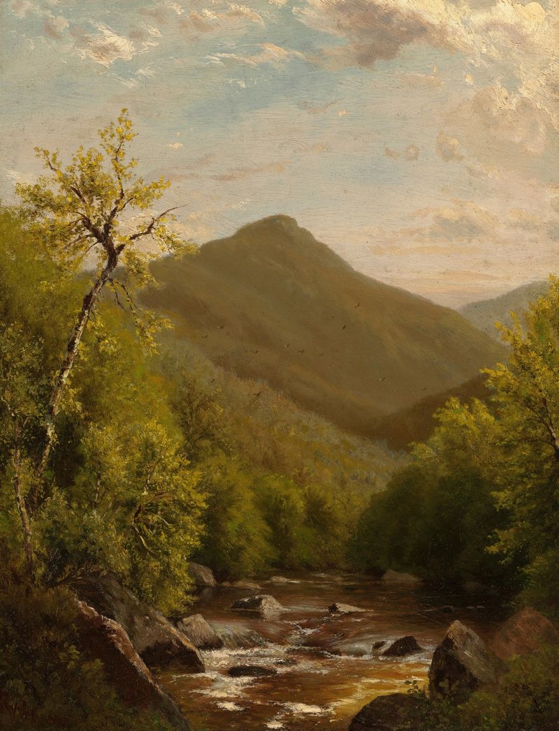 A Mountain Stream by Richard William Hubbard, oil painting depicting a serene mountain landscape.