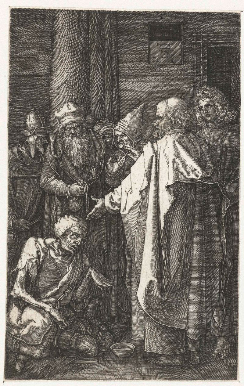 Grabado de Albrecht Dürer que representa a Pedro y Juan sanando a un hombre cojo en la puerta del templo.