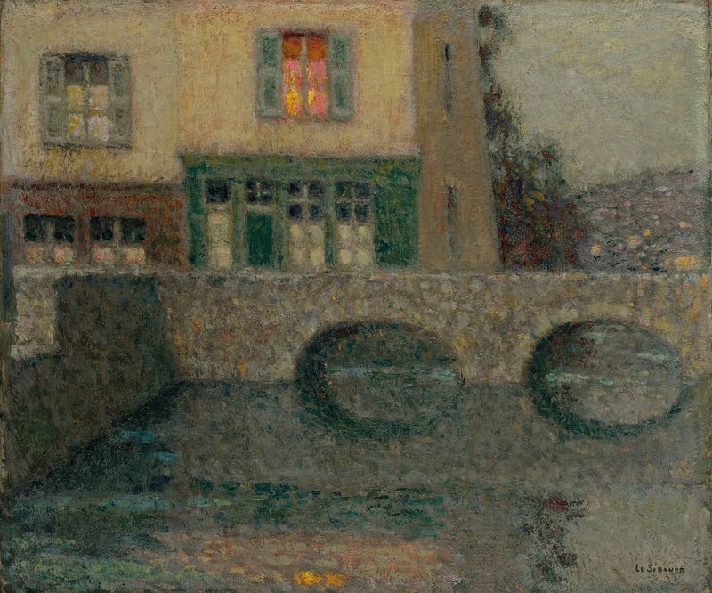 Le Pont de Henri Le Sidaner, óleo sobre lienzo que representa un puente sobre agua al atardecer