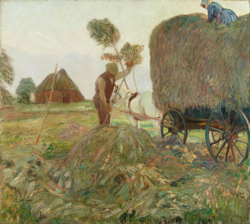 Heuernte de Fritz Mackensen, pintura a óleo de trabalhadores colhendo feno em campos dourados.