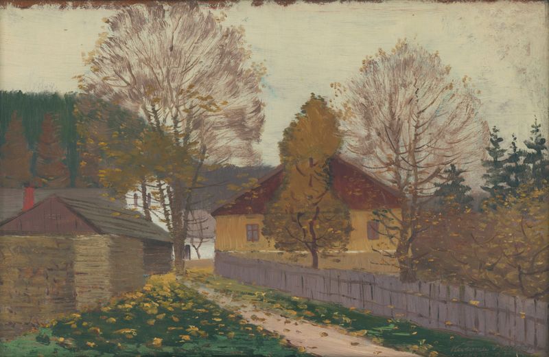 The Village by Ferdinand Katona, oil on canvas showing serene cottages in a landscape.