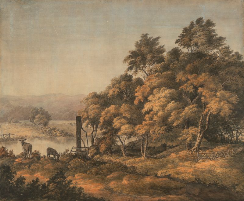 An extensive river landscape with donkeys, oil on canvas by John Glover