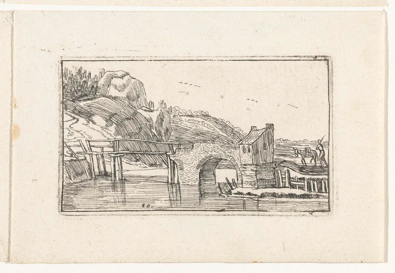 Gravura de cena de gênero de Unknown Artist mostrando um burro perto de uma ponte