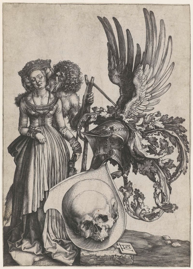 Gravura de Albrecht Dürer mostrando uma mulher e um selvagem em cores vibrantes.