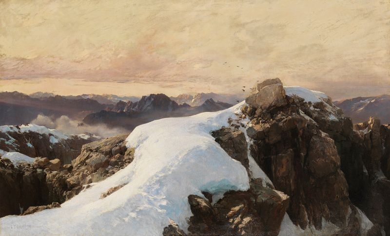 Pintura al óleo de Edward Theodore Compton que representa el amanecer sobre montañas