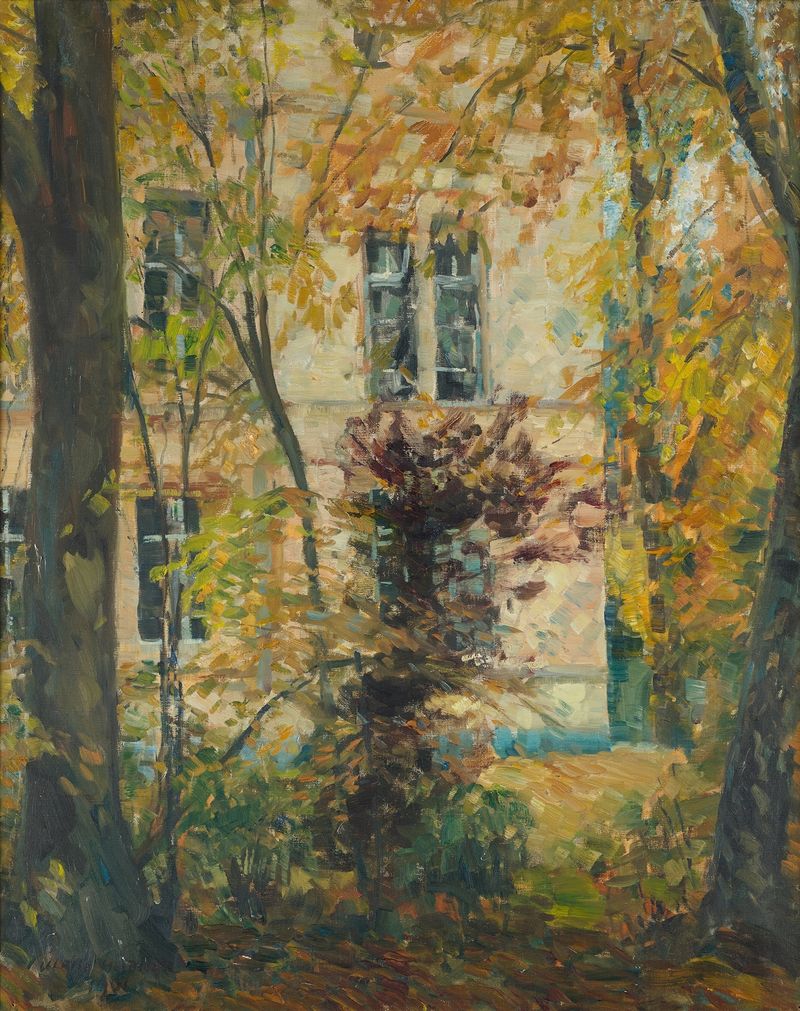 Pintura al óleo de paisaje de Ulrich Hübner con una casa y jardín
