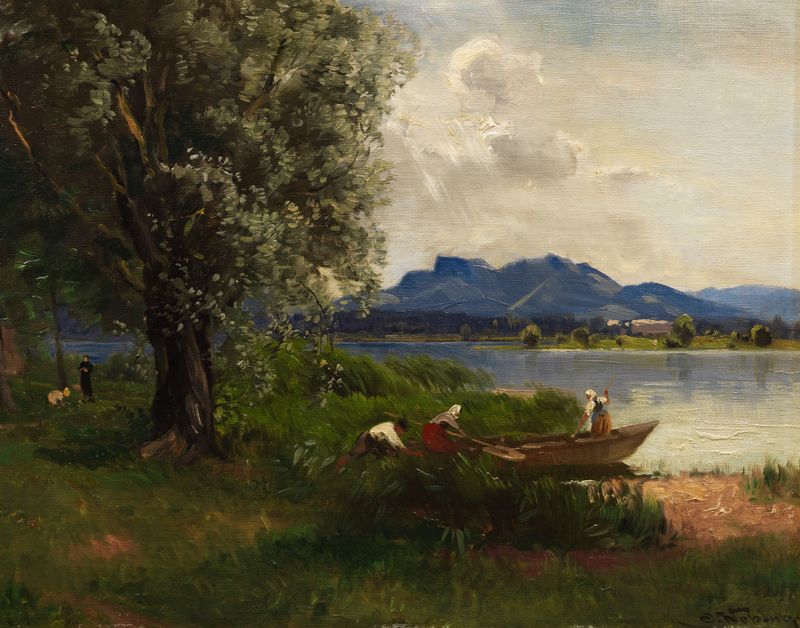 Lake landscape with reflections, oil painting by Joseph Wopfner