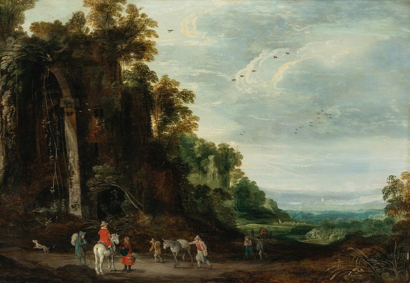 Paisaje boscoso con campesinos y un jinete, óleo sobre lienzo de Joos de Momper