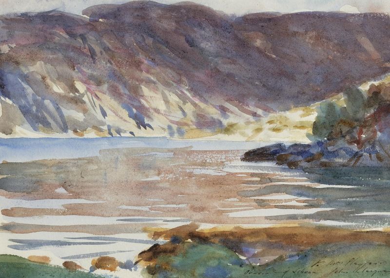 Loch Moidart de John Singer Sargent, pintura a óleo impressionista de uma paisagem tranquila de loch.