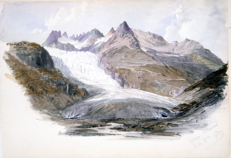 Rhône Glacier de John Singer Sargent, óleo sobre lienzo, que representa un glaciar masivo con tonos azules helados.