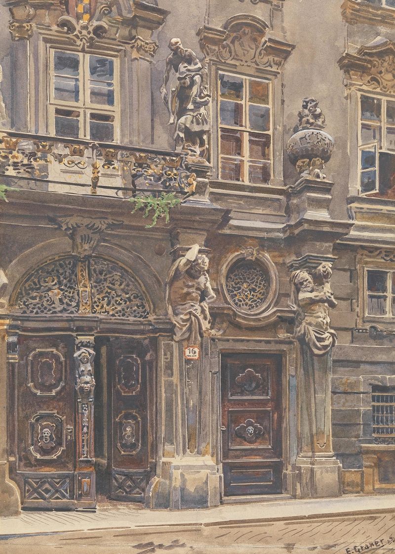 Escena interior con tonos apagados de ocre y gris, pintura al óleo de Ernst Graner