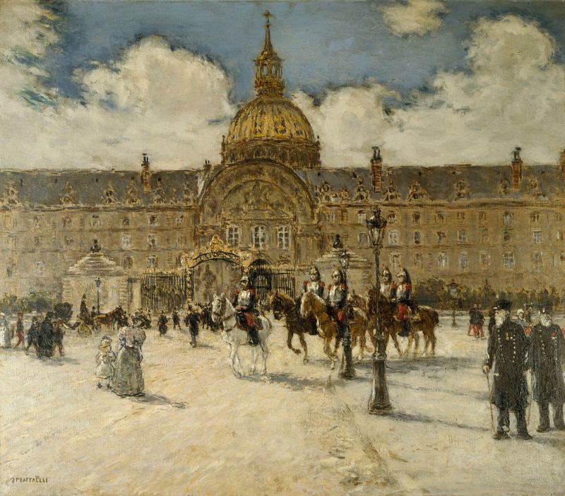 Les Invalides pintura al óleo de Jean François Raffaëlli con una cúpula dorada y arquitectura parisina.