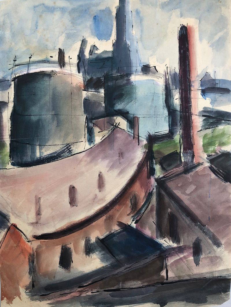 Obra expressionista de Otto Geigenberger representando a arquitetura industrial em cores vibrantes.
