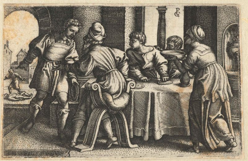 Gravura de Georg Pencz mostrando Tobit saindo de um banquete em 1543