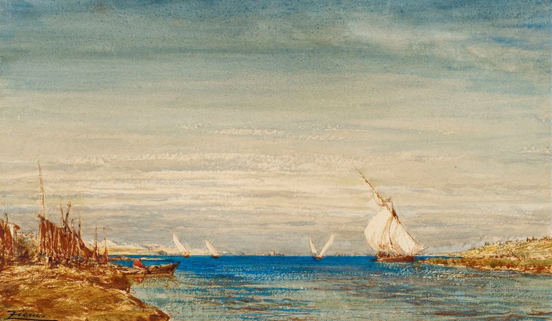 Cena marinha com pescadores e barcos de Félix Ziem, pintura a óleo