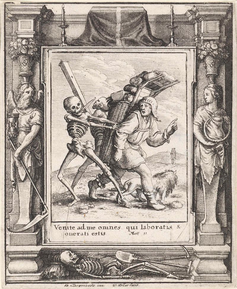 Grabado de Wenceslaus Hollar que representa a un comerciante y la muerte.