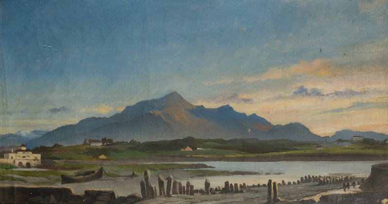 Oriental Landscape by Stanisław Chlebowski, oil on canvas depicting a serene stream and hills.