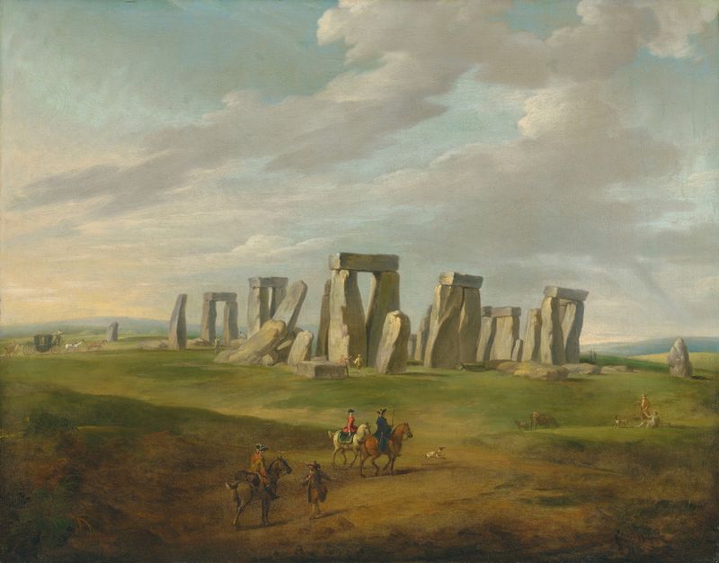 Stonehenge landscape with a carriage and travellers on horseback, oil on canvas by James Ross