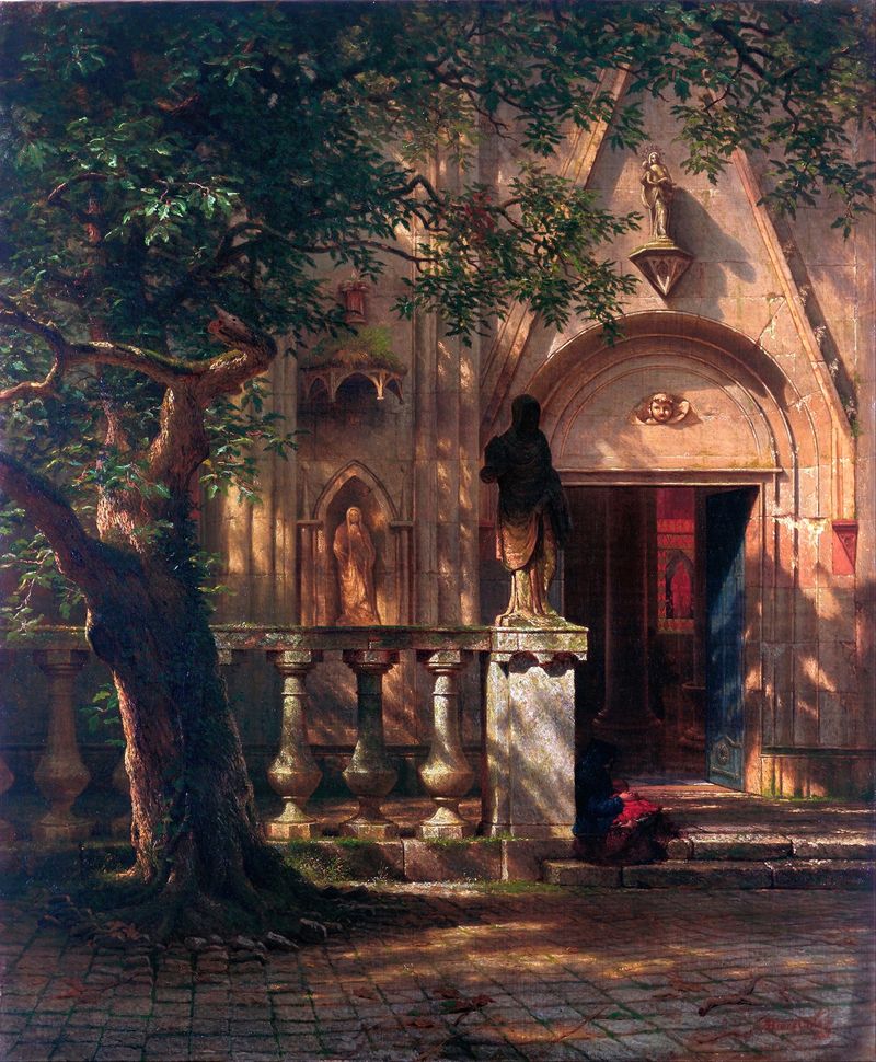 Óleo sobre tela de Albert Bierstadt retratando uma paisagem com luz e sombra.
