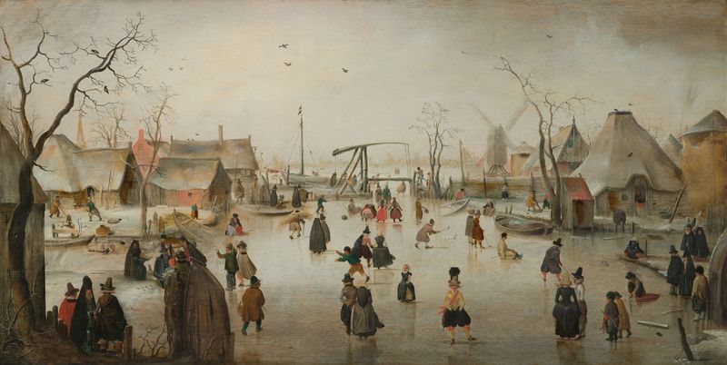 Ice-skating in a Village, oil on wood by Hendrick Avercamp, depicting figures skating on ice.