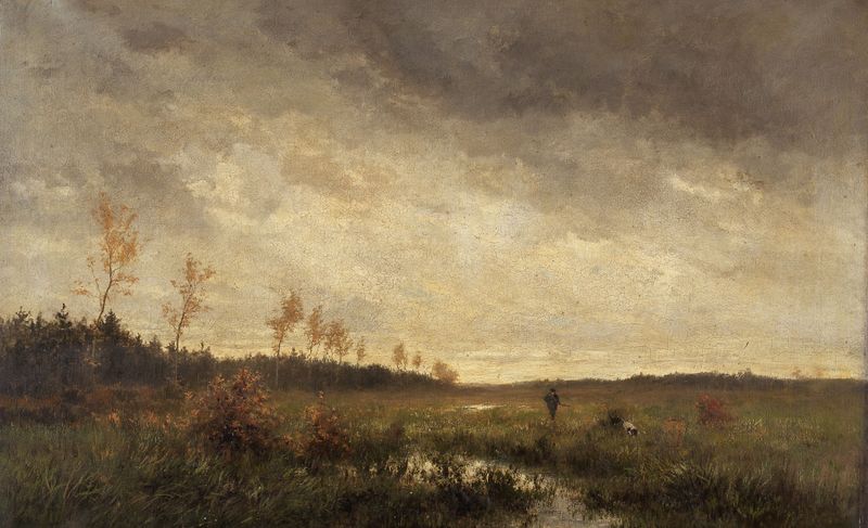 Paisaje de pantano con un cazador, pintura al óleo de Charles Pauli