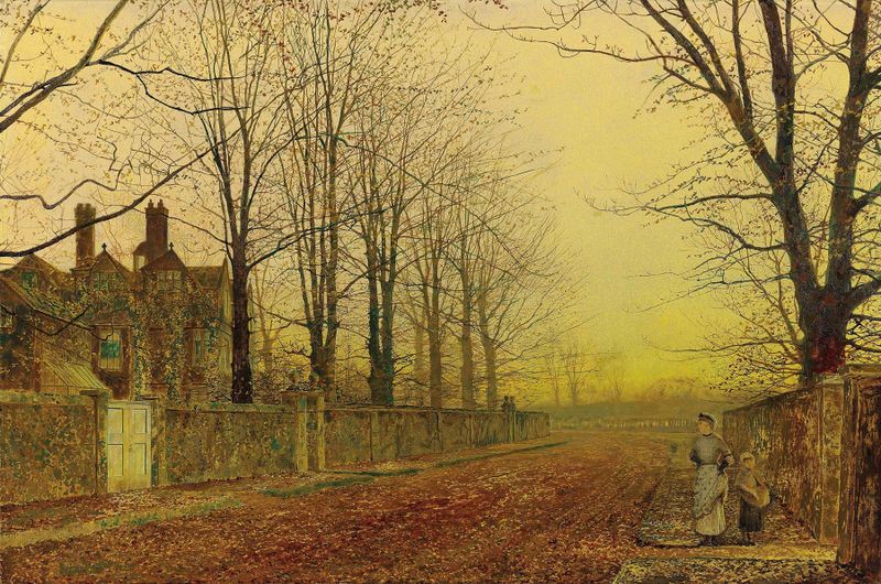 Autumn Glory de John Atkinson Grimshaw, óleo sobre tela mostrando uma paisagem com folhas douradas.