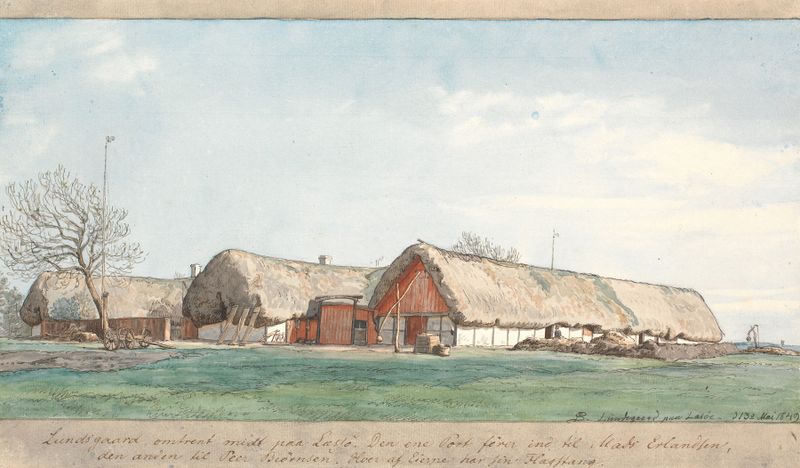 Lundsgaard omtrent midt på Læssø by P. C. Skovgaard, oil painting of a lush green landscape.