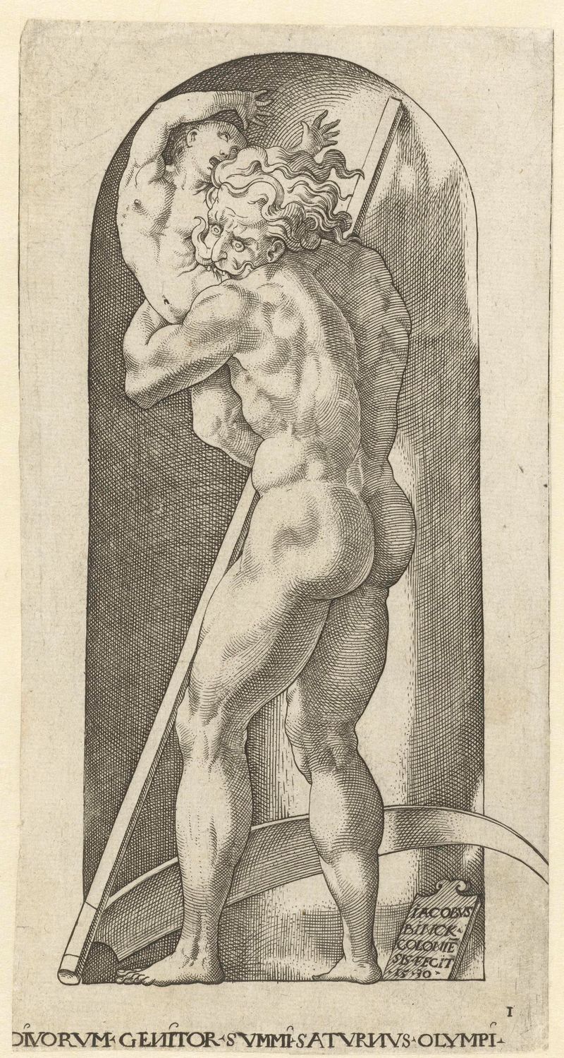 Gravura de Jacob Binck retratando Saturno consumindo seu filho com um dramático chiaroscuro.