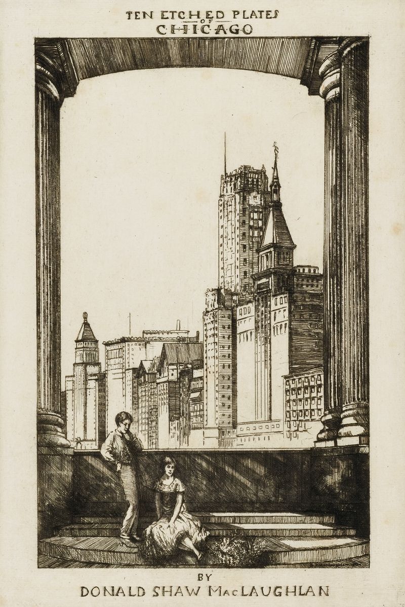 Grabado de Donald Shaw MacLaughlan que representa un paisaje urbano.