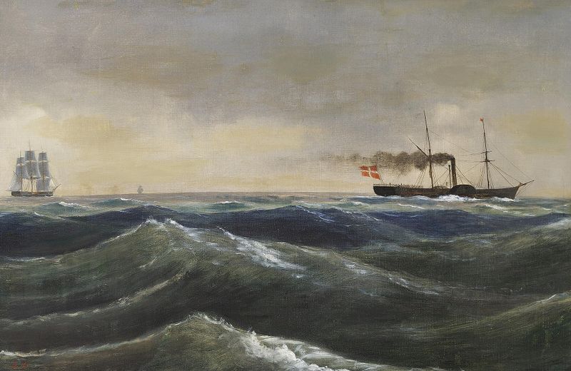 Hjuldamperen Christian D. VIII de Anton Melbye, representando un barco de vapor en el mar, pintura al óleo