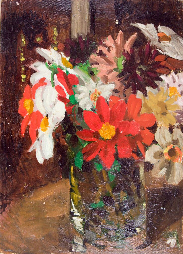 Bodegón óleo de Denman Waldo Ross con un jarrón de flores.