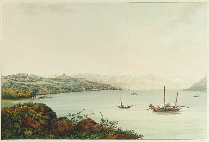 Landscape of Lausanne with hills and lake by Carl Ludwig Hackert, oil painting