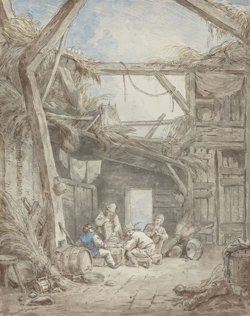 Ruined Farm de Hubert Robert, óleo que muestra muros en ruinas y luz suave.