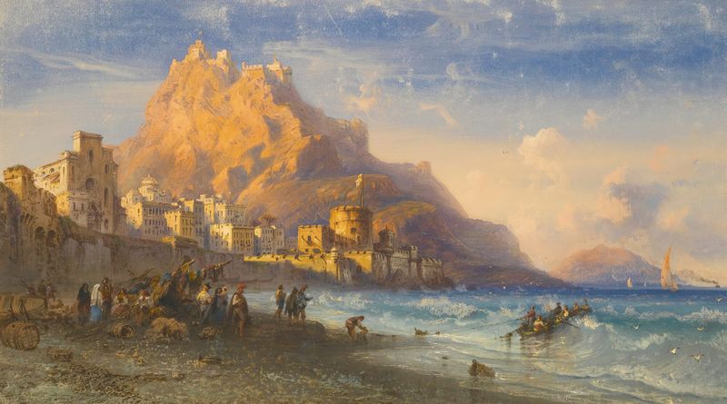 Coastal Landscape, Southern Italy, oil painting by Carlo Bossoli depicting a vibrant coastal scene.