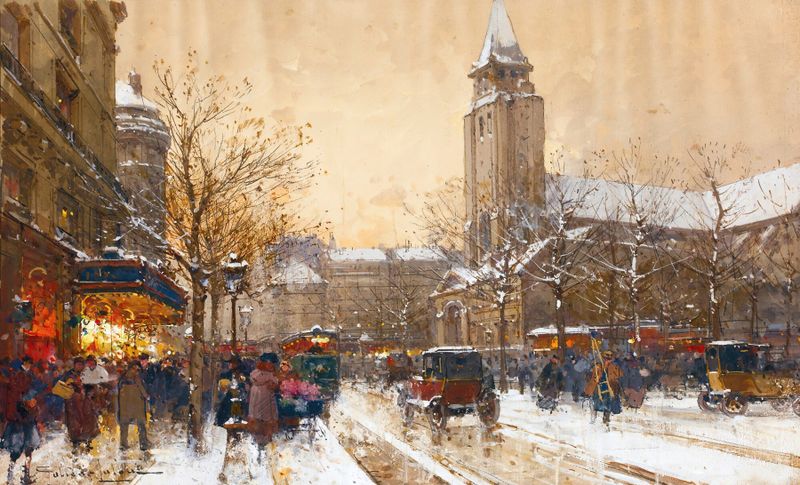 Cena de gênero com pedestres no Boulevard Saint-Germain, Paris de Eugène Galien-Laloue, pintura a óleo