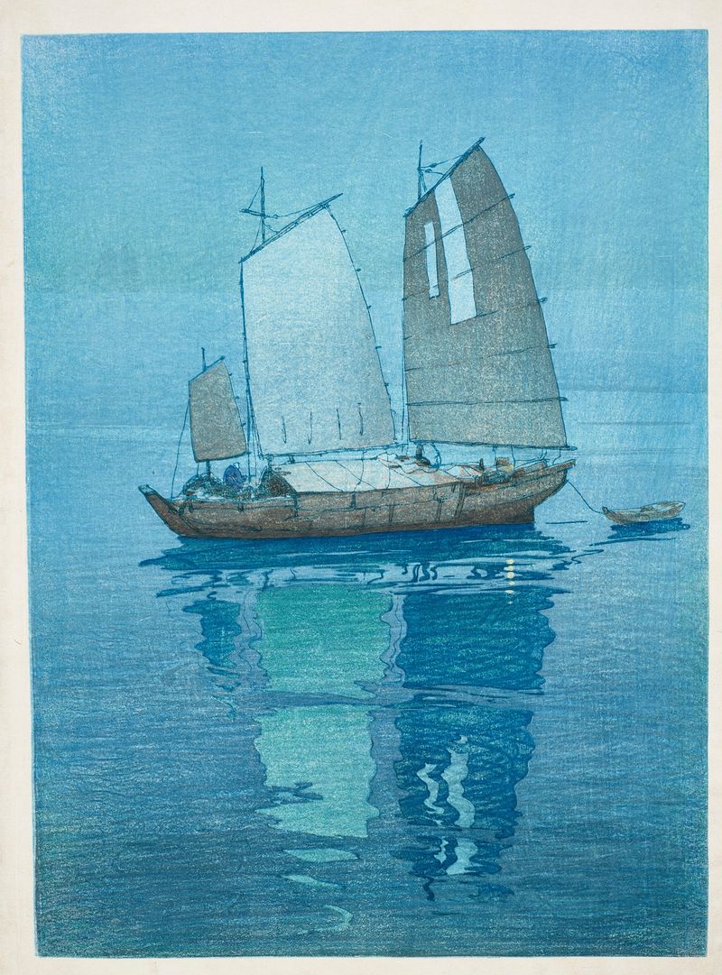 Woodblock print by Yoshida Hiroshi depicting sailing boats on the sea