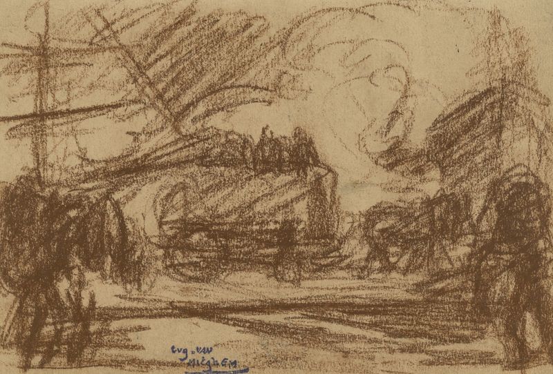 Paisaje óleo de Eugeen Van Mieghem con tonos de índigo profundo y ocre cálido.