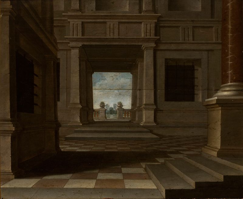 Escena interior con arco y luz de Rogiers de Cuyper, pintura al óleo