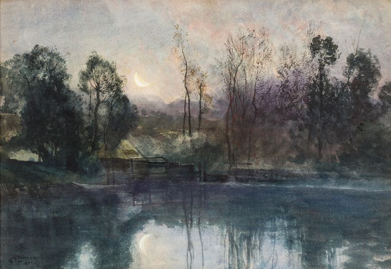 Moonlight by Johan Ericson, oil painting depicting a tranquil landscape with moonlit water.