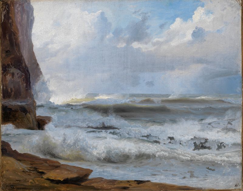 Cena marinha com penhascos e ondas, pintura a óleo de Johann Wilhelm Schirmer