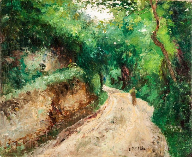 Hollow Road, Fountainebleau by Carl Fredrik Hill, oil on canvas depicting a forest path.